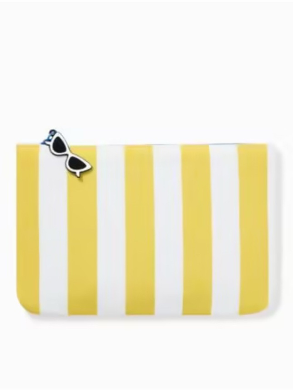 Ipsy yellow and white striped makeup bag with sunglasses zipper pull NWOT